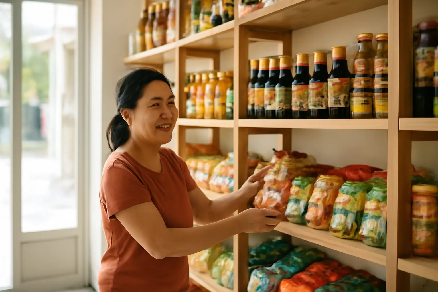 Chủ tiệm tạp hoá người Việt sắp xếp hàng trên kệ trong cửa hàng sáng sủa