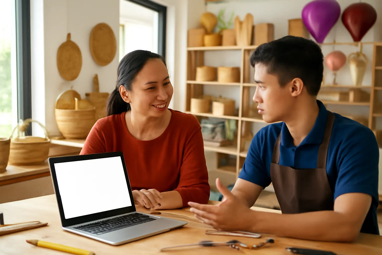 Chủ cửa hàng thủ công người Việt trao đổi với bạn trẻ làm kỹ thuật trong xưởng nhỏ