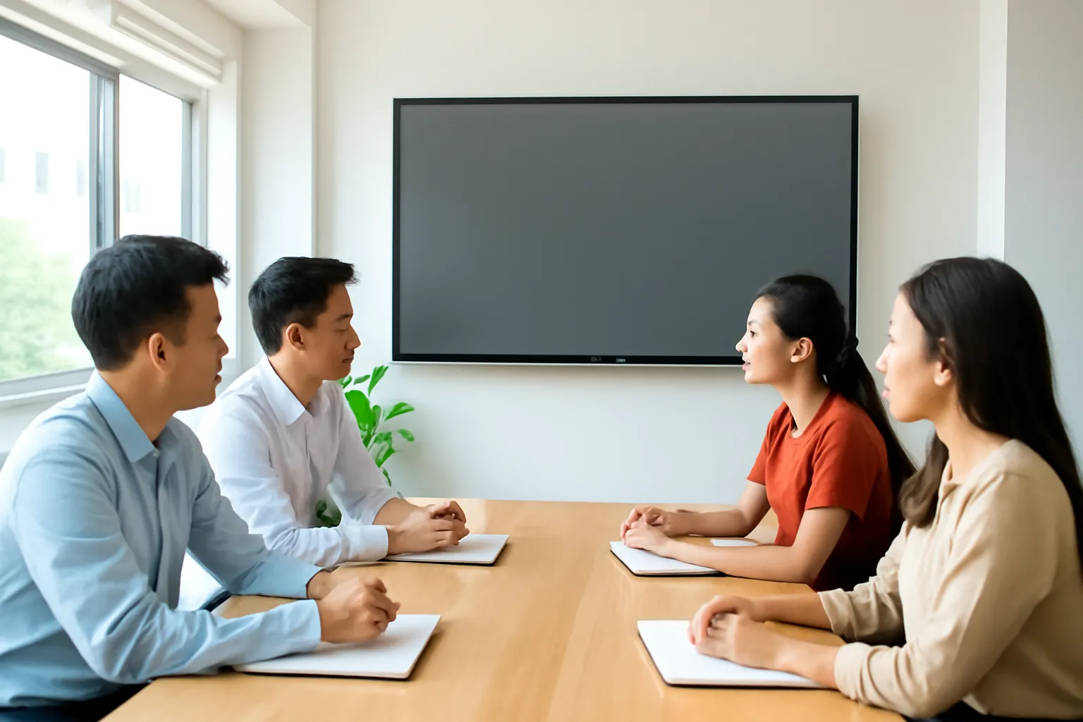 Nhóm nhân viên người Việt họp trực tuyến với đối tác trong phòng họp nhỏ sáng sủa