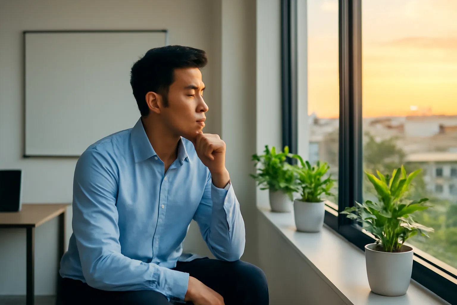 Người đàn ông Việt trẻ ngồi suy nghĩ bên cửa sổ văn phòng khởi nghiệp nhỏ lúc hoàng hôn