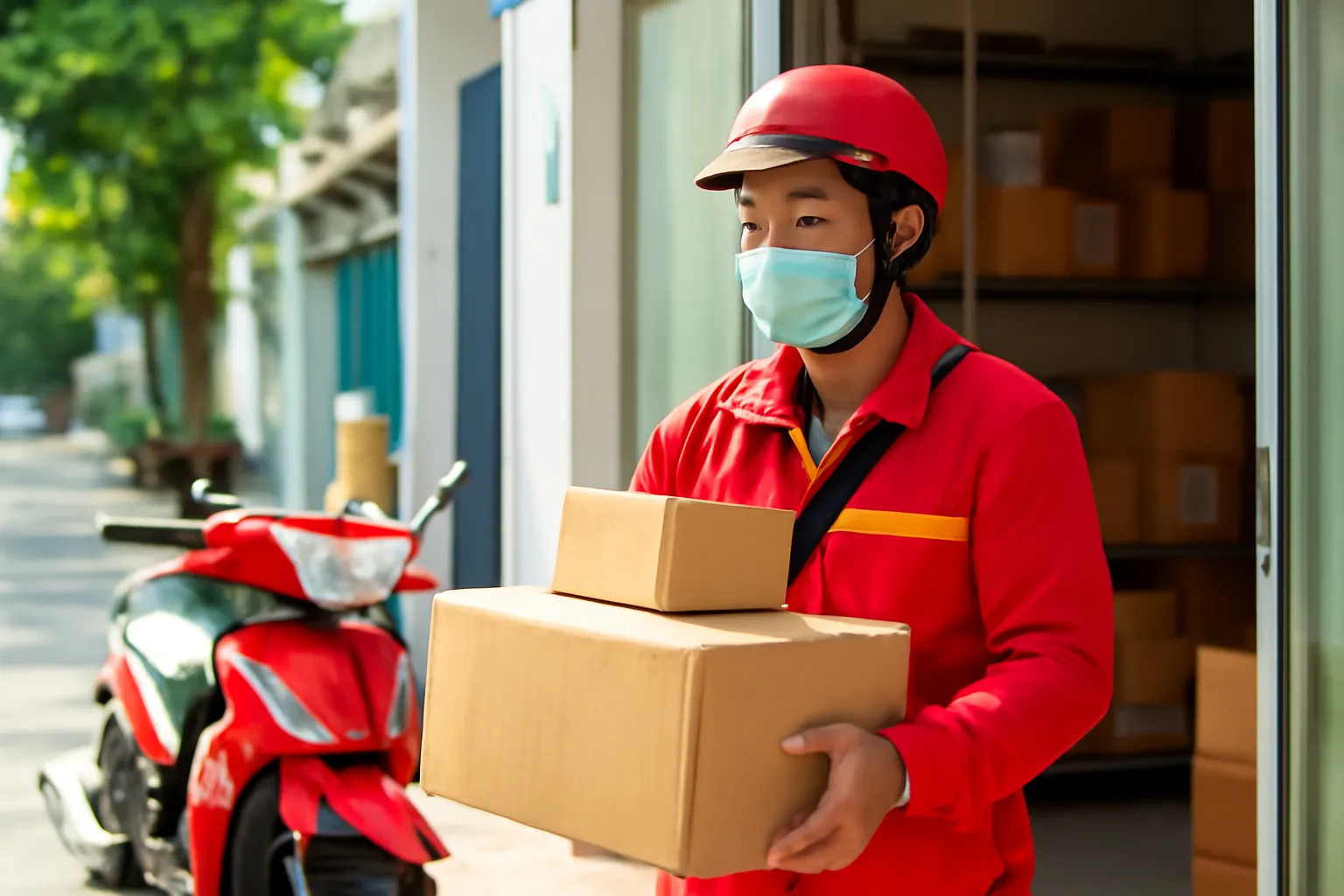 Shipper người Việt lấy hàng từ kho nhỏ trong khu phố