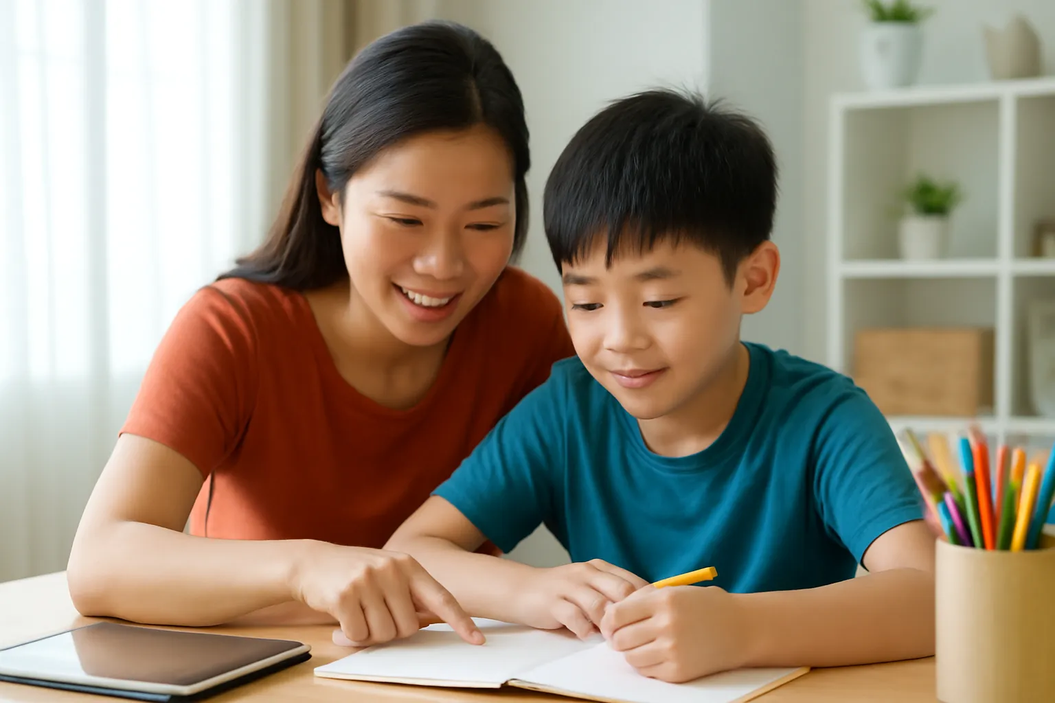 Hai mẹ con người Việt ngồi bên bàn học cùng xem bài trên máy tính bảng