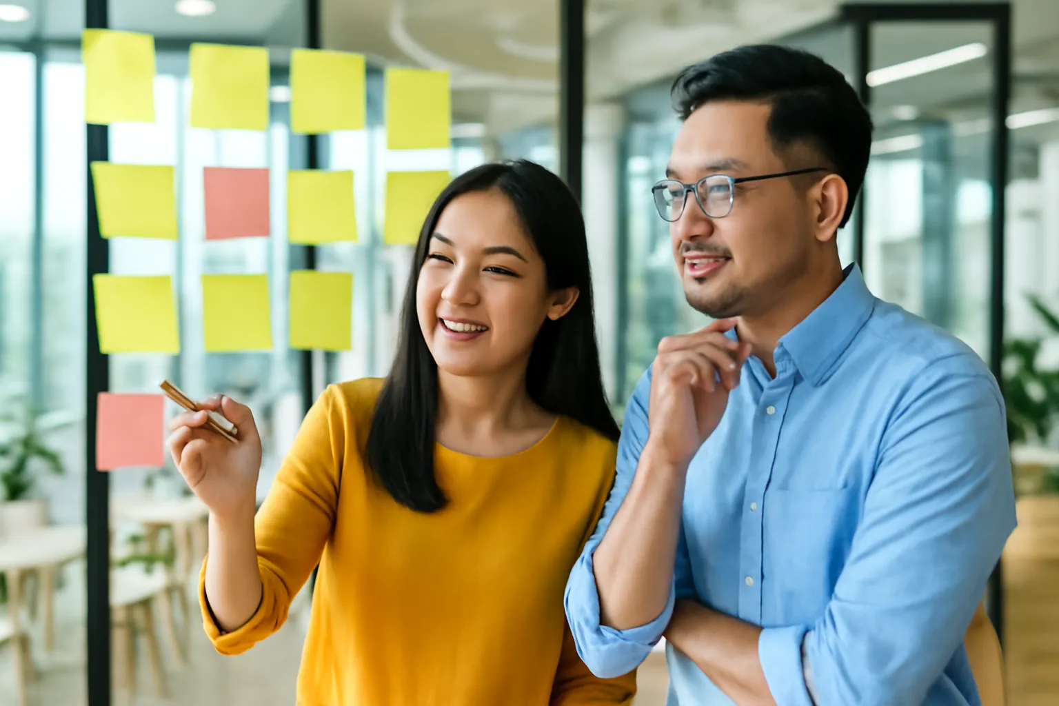 Hai người sáng lập người Việt viết các phương án tên lên giấy dán trên tường kính