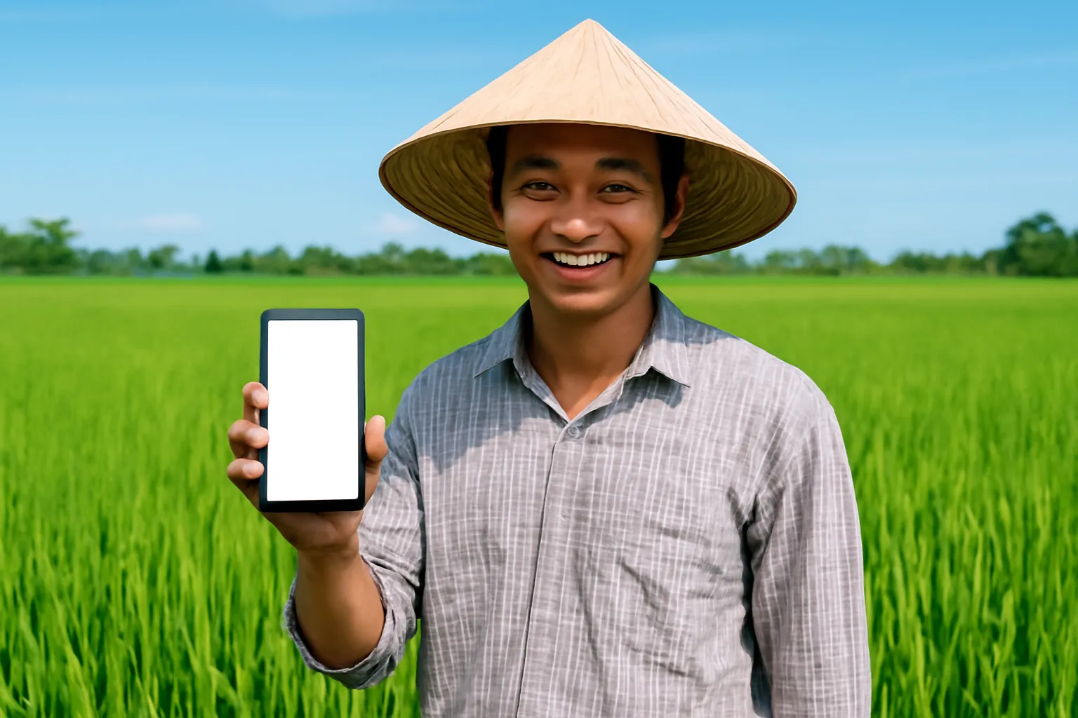 Nông dân người Việt đứng giữa ruộng lúa xanh, cầm điện thoại xem thời tiết, trời trong xanh