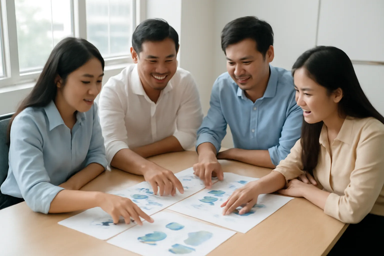 Nhóm làm việc người Việt cùng xem biểu đồ in trên giấy đặt trên bàn họp