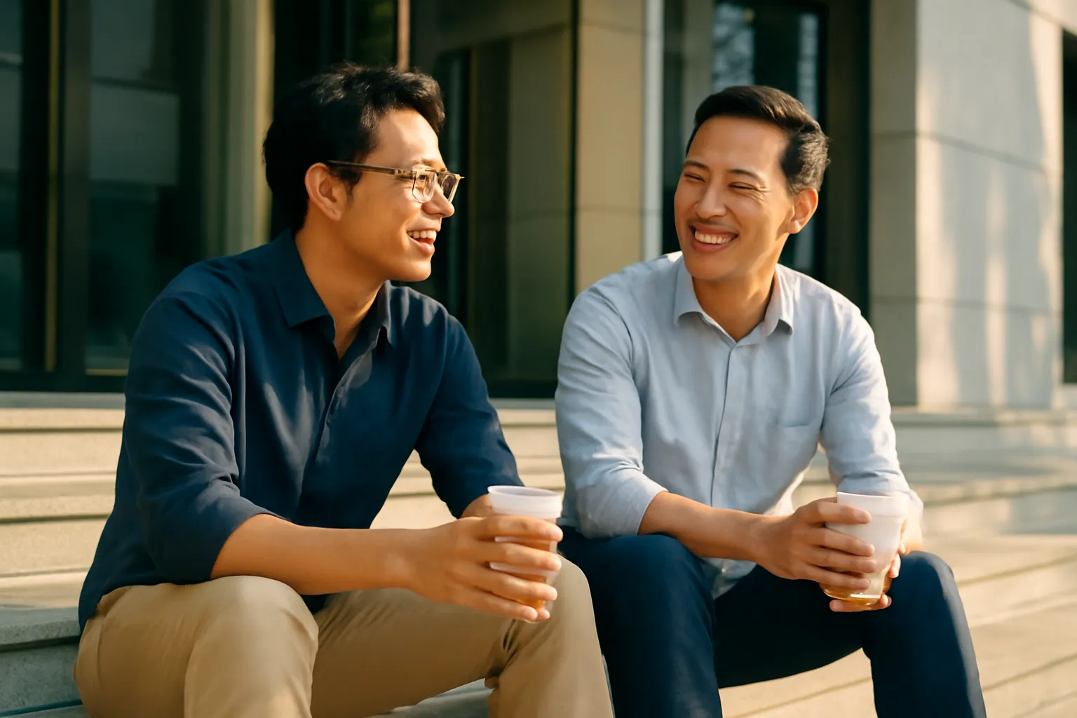 Hai người đồng sáng lập người Việt trò chuyện trên bậc thềm toà nhà buổi chiều