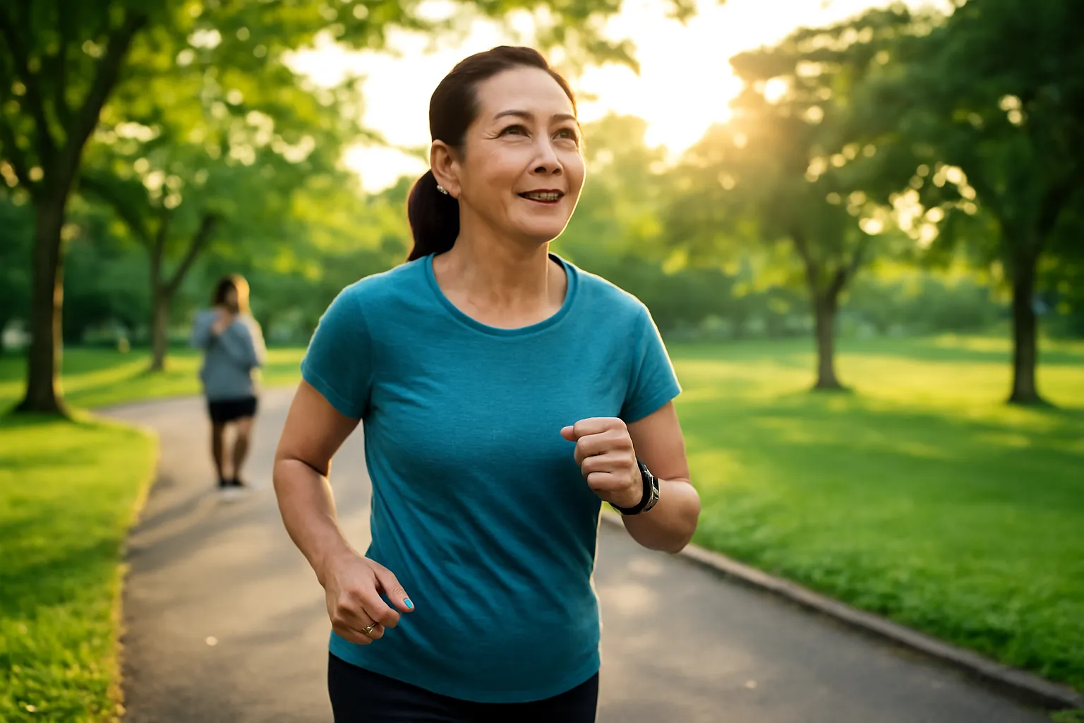 Người phụ nữ Việt trung niên đi bộ buổi sáng trong công viên, đeo đồng hồ thông minh