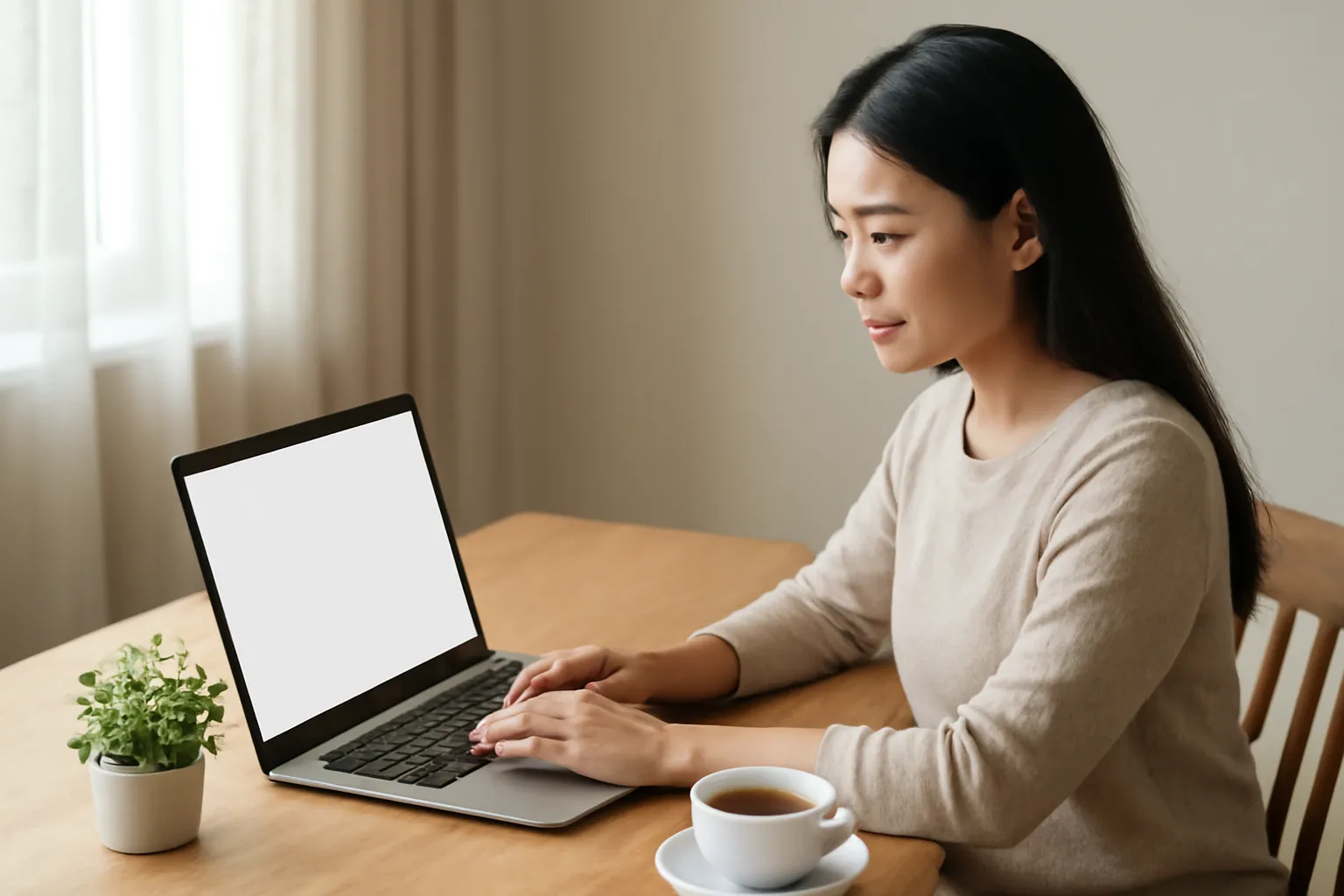 Một phụ nữ Việt làm việc với laptop ở bàn ăn, bên cạnh tách trà và cây xanh