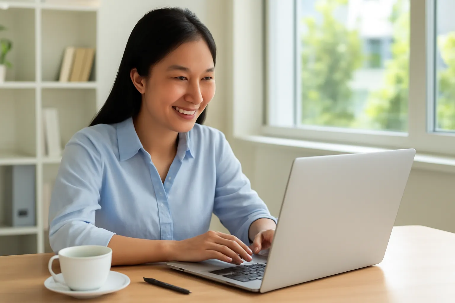 Nữ nhân viên văn phòng người Việt mỉm cười khi đọc thư trên máy tính xách tay màn hình trống