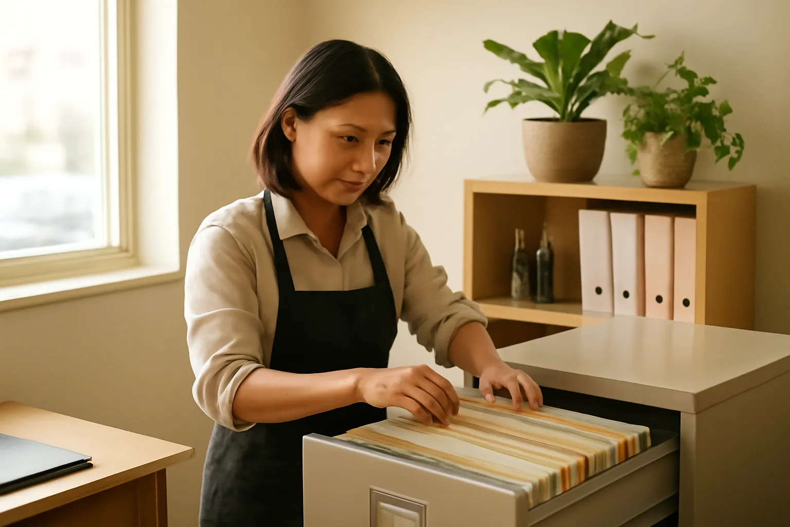 Chủ doanh nghiệp người Việt kiểm tra hồ sơ trong tủ tài liệu văn phòng nhỏ