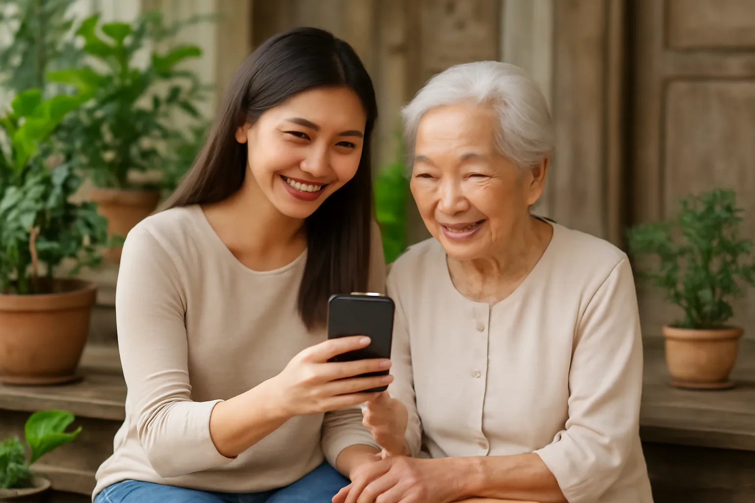Cháu gái người Việt hướng dẫn bà dùng điện thoại trong sân nhà