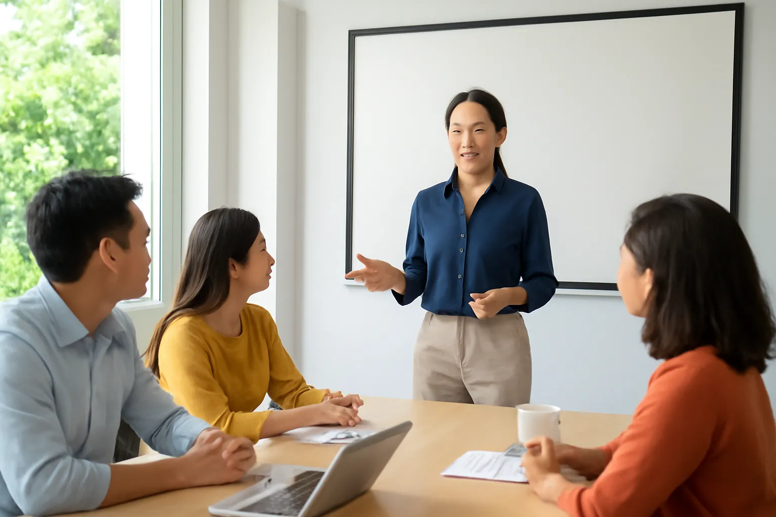 Nữ nhà sáng lập người Việt trình bày trước nhóm nhỏ trong phòng họp sáng sủa