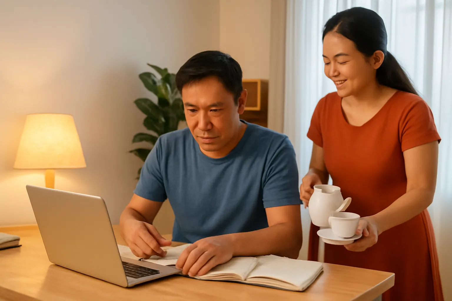 Người đàn ông Việt tuổi bốn mươi học bài buổi tối bên bàn, vợ mang trà đến