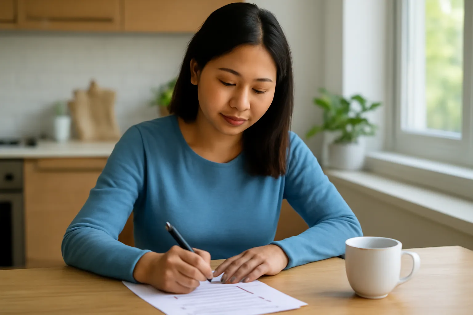 Người phụ nữ Việt bình tĩnh ghi danh sách việc cần làm bên bàn ăn buổi sáng