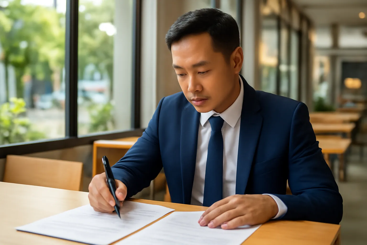 Nhân viên kinh doanh người Việt đọc lại tài liệu in trước cuộc gặp khách hàng