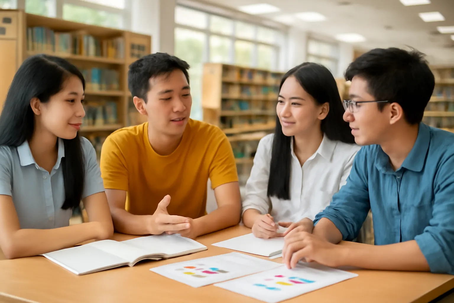 Nhóm bạn trẻ người Việt thảo luận dự án trong thư viện đại học sáng sủa
