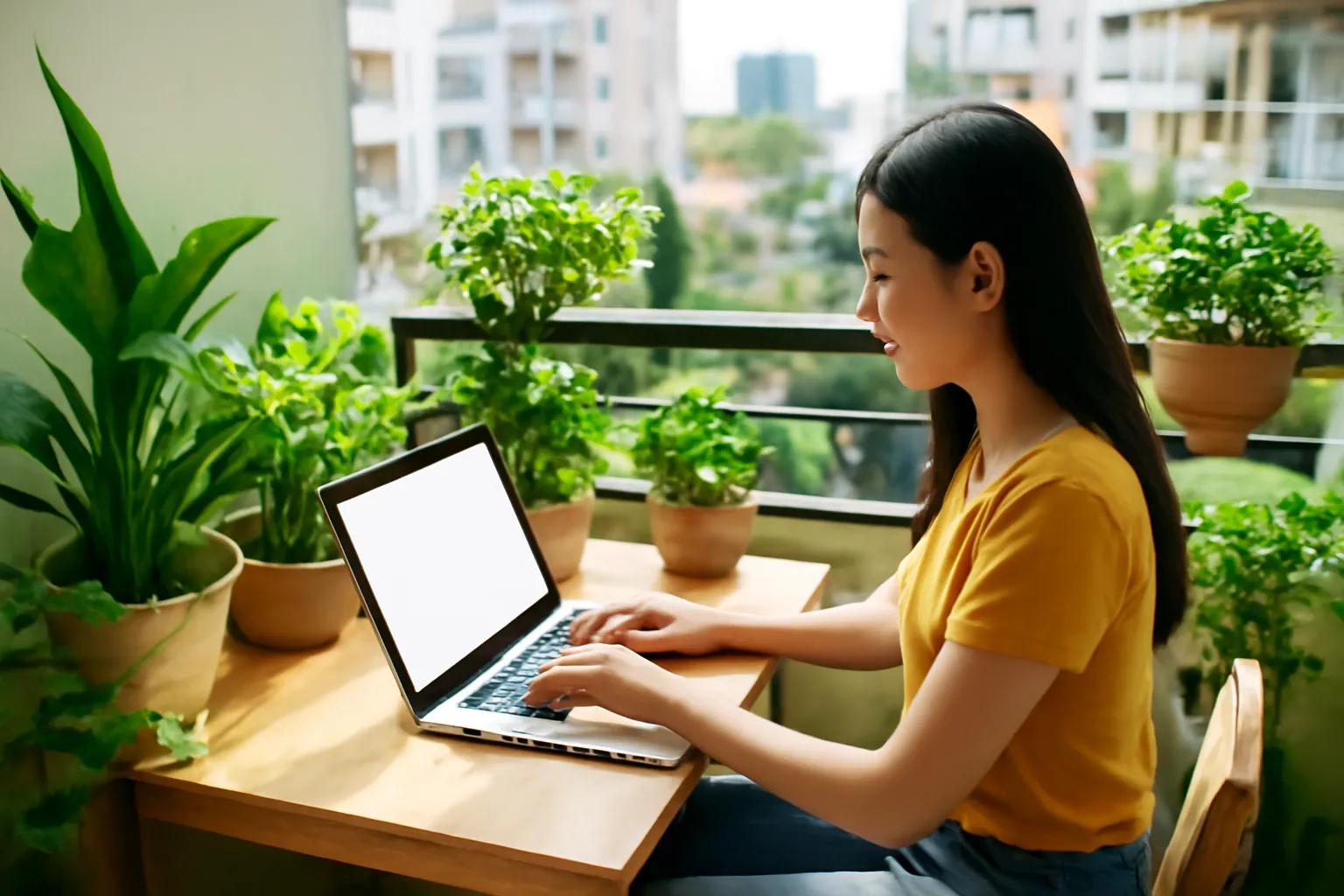 Người phụ nữ Việt làm việc tự do tại góc ban công nhà có cây xanh
