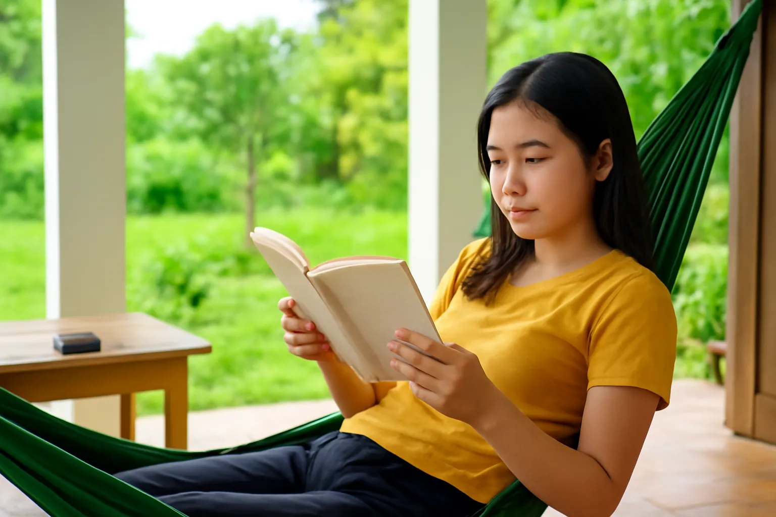 Cô gái người Việt đọc sách giấy trên võng ở hiên nhà, điện thoại để xa