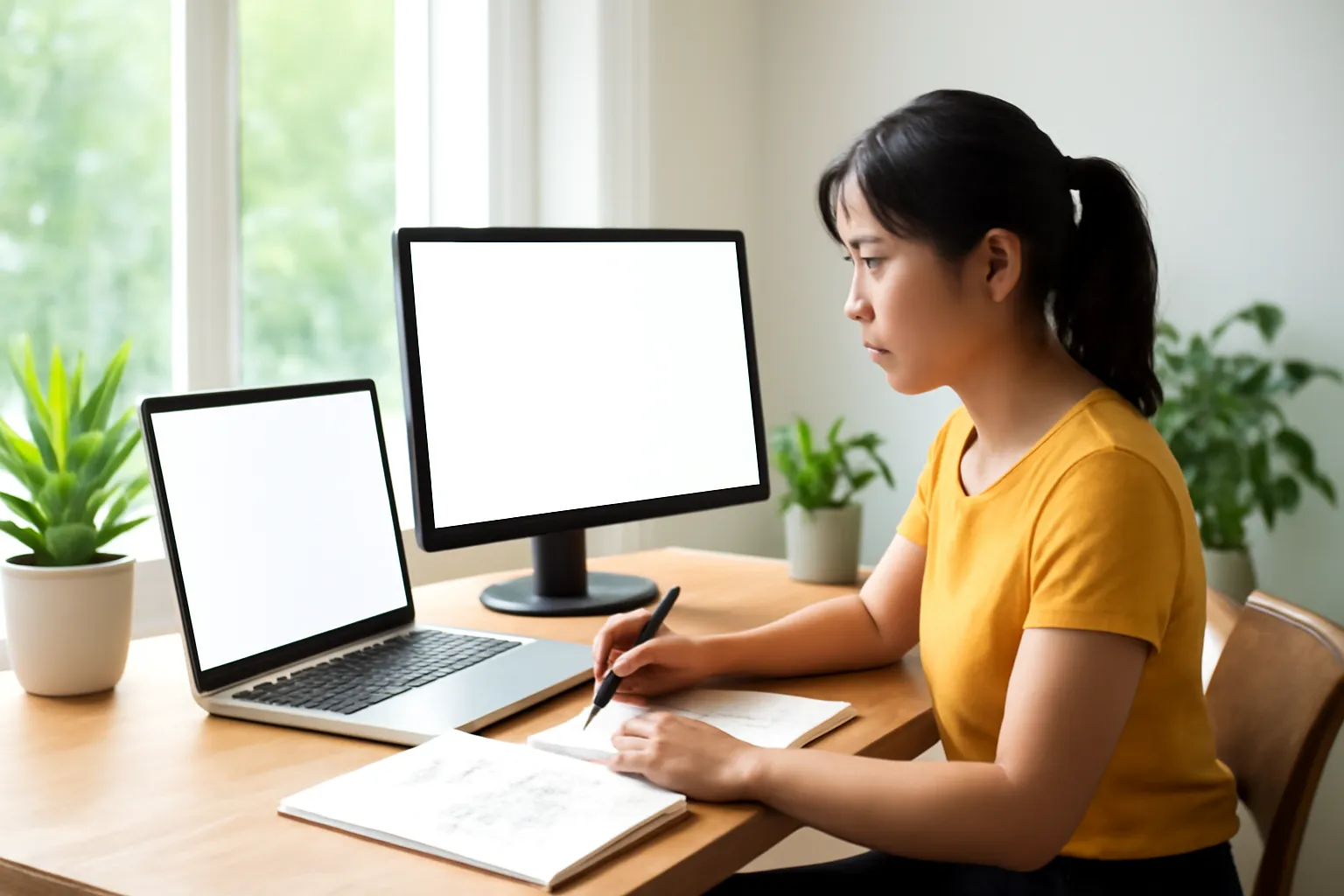 Nhà thiết kế người Việt làm việc tại bàn gỗ với máy tính xách tay và màn hình rời trống