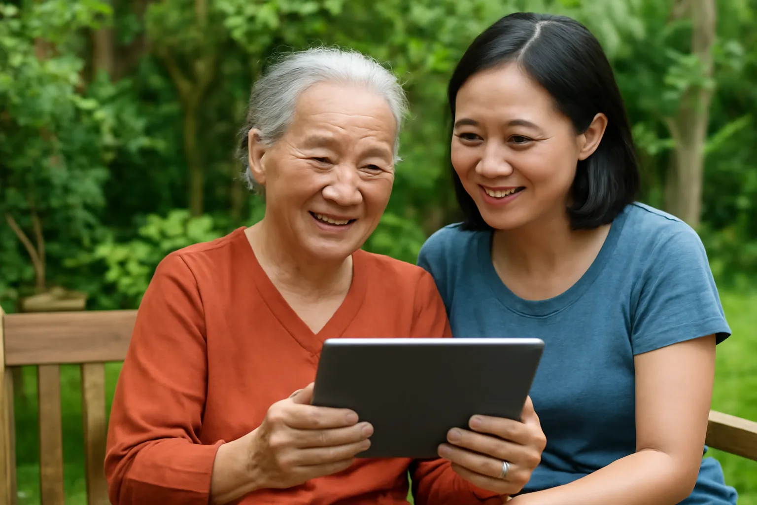 Bà cụ người Việt cười tươi khi gọi video với cháu, con gái ngồi bên cạnh