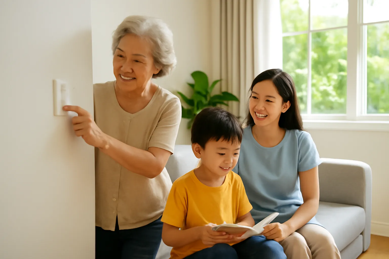 Gia đình người Việt ba thế hệ trong phòng khách sáng, bà nội bật đèn bằng công tắc tường