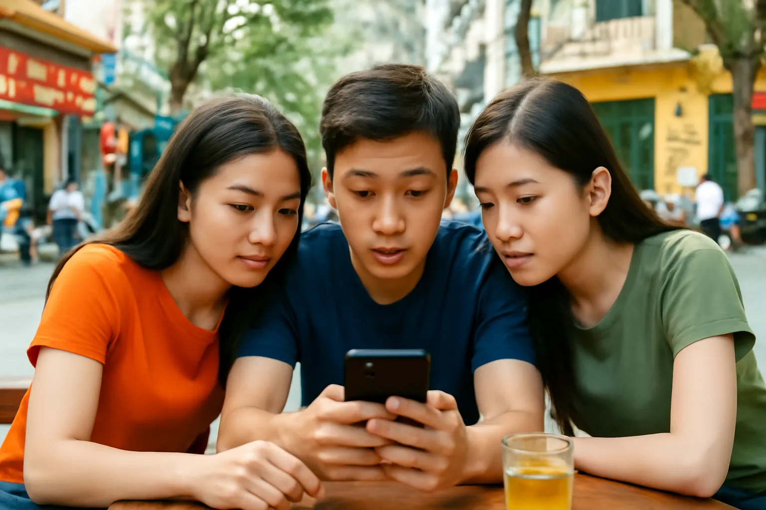Một nhóm bạn trẻ người Việt cùng xem và bàn luận một đoạn video trên điện thoại ở quán cà phê