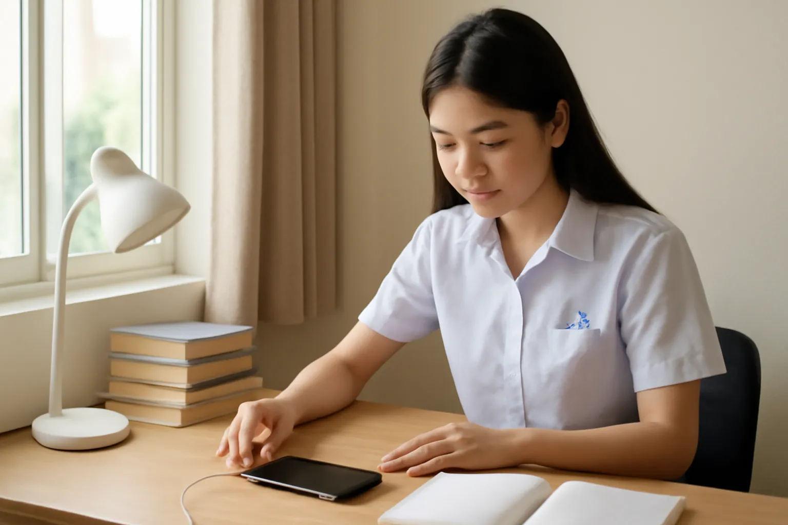 Sinh viên người Việt cắm sạc điện thoại tại bàn học gọn gàng bên cửa sổ
