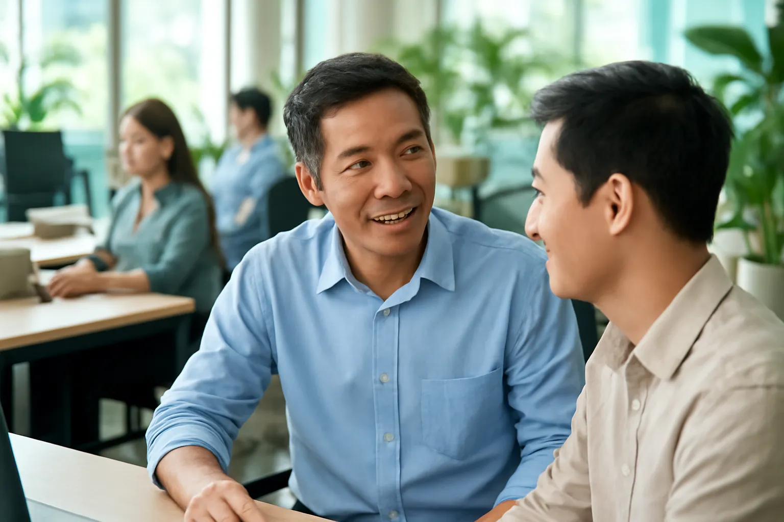 Trưởng nhóm người Việt trao đổi với các thành viên trong văn phòng mở nhiều ánh sáng