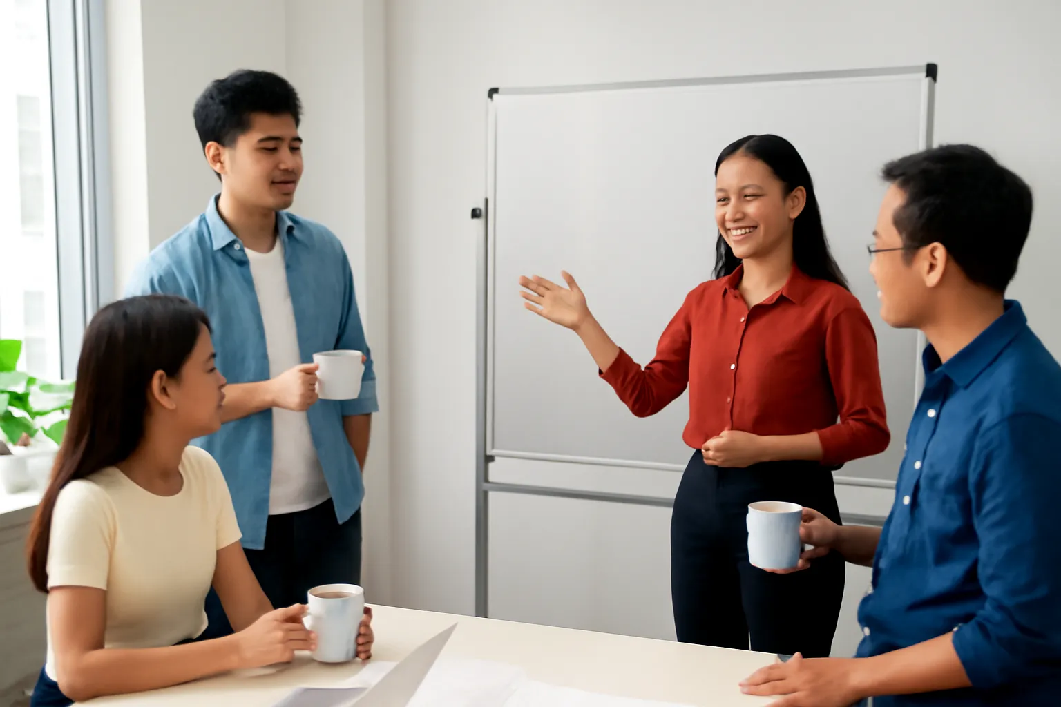 Một nhóm khởi nghiệp người Việt trao đổi quanh bảng trắng trống trong văn phòng nhỏ