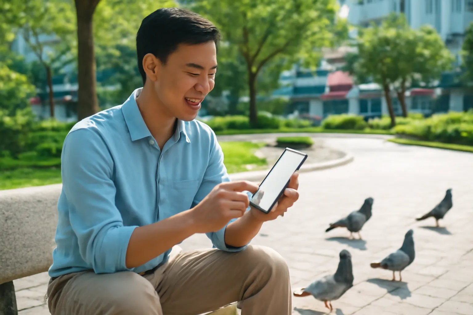 Người đàn ông Việt ngồi ghế đá công viên chỉnh cài đặt điện thoại, chim bồ câu quanh chân