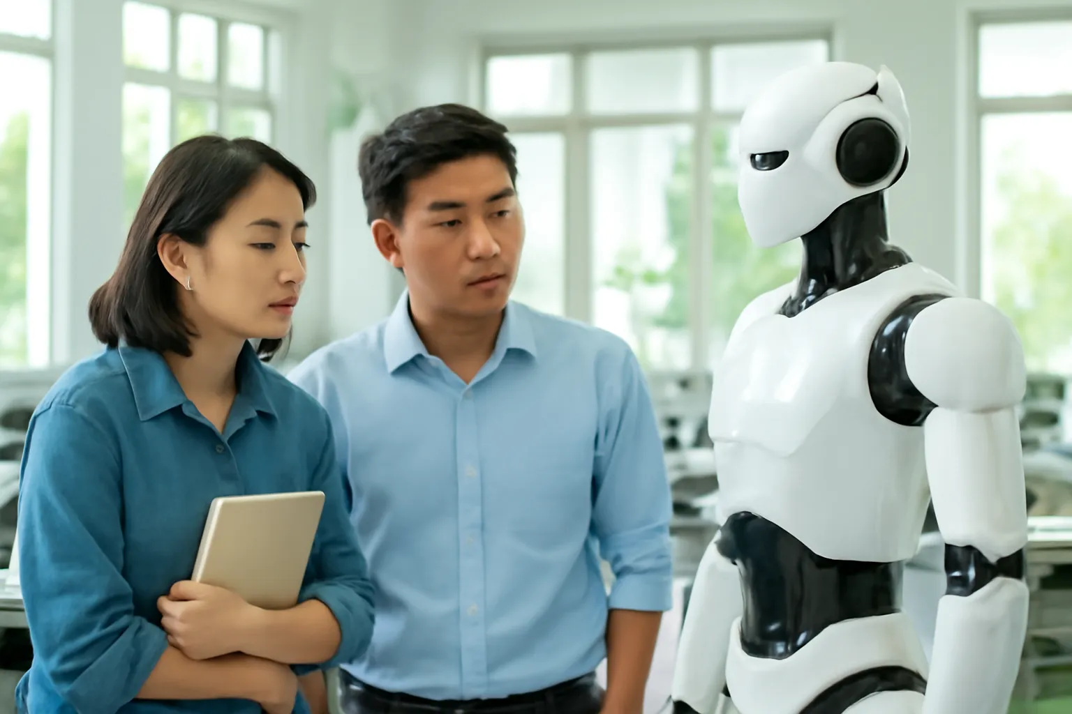 Kỹ sư trẻ người Việt quan sát một robot hình người trong phòng thí nghiệm