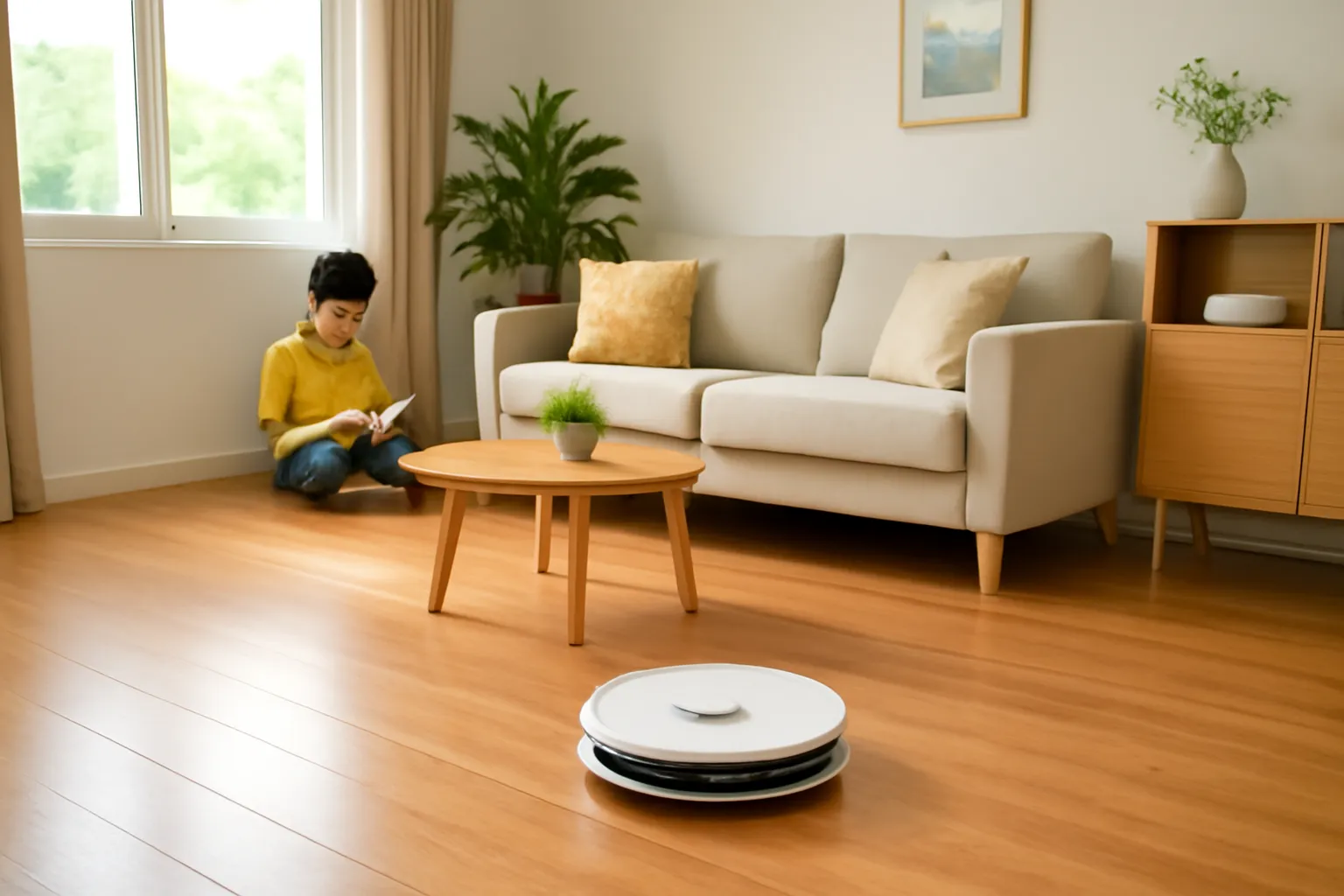 Phòng khách gia đình Việt sáng sủa có robot hút bụi đang chạy trên sàn gỗ