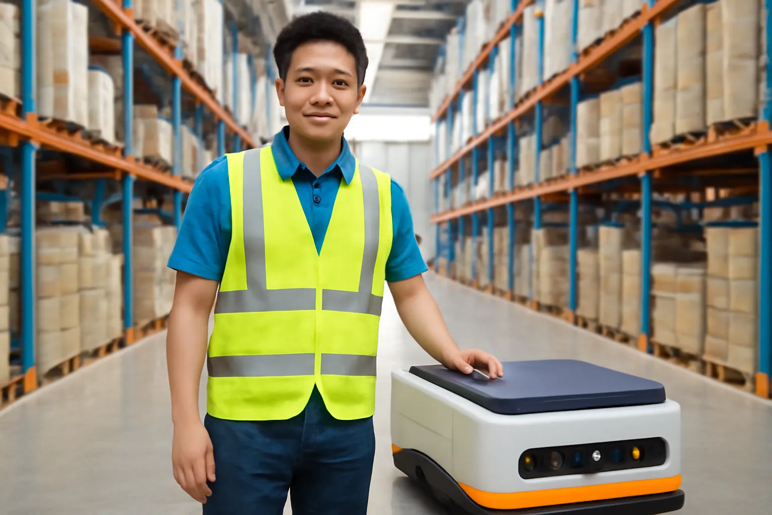 Nhân viên kho người Việt làm việc cạnh xe tự hành trong nhà kho rộng sáng
