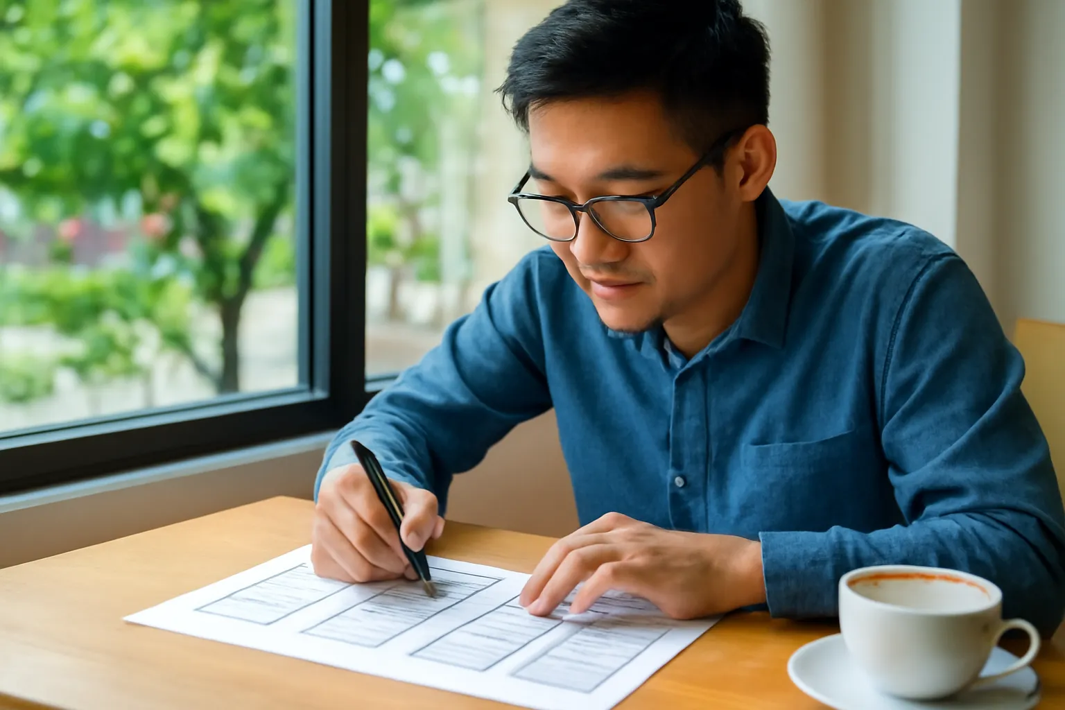 Lập trình viên người Việt phác thảo giao diện trên giấy cạnh cửa sổ quán cà phê