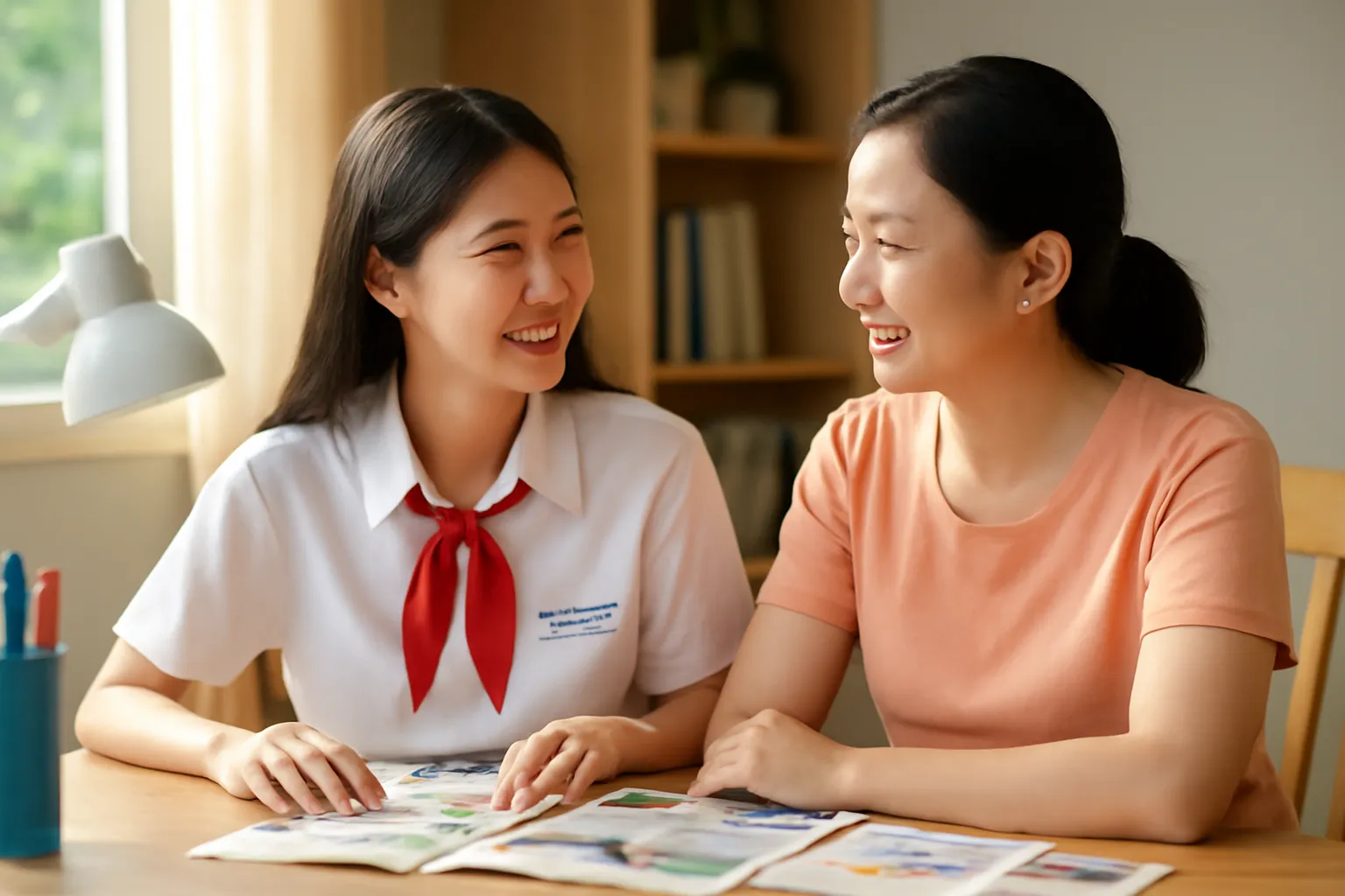 Nữ sinh người Việt trò chuyện với mẹ bên bàn học về hướng đi tương lai