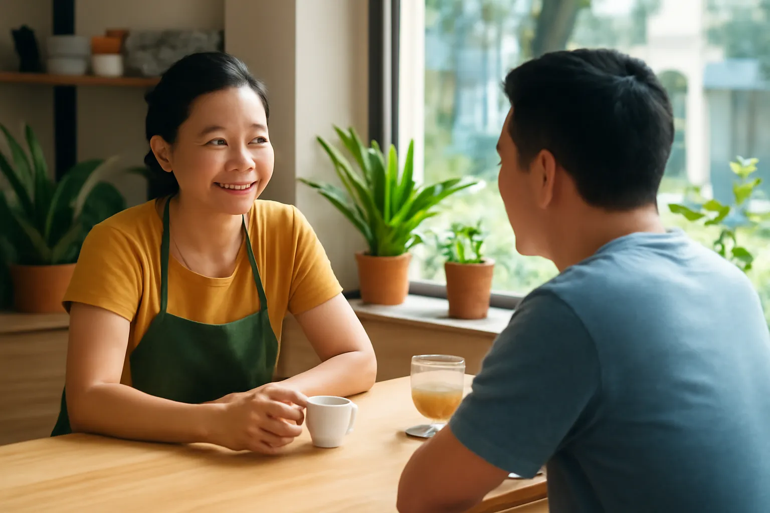 Chủ quán cà phê người Việt trò chuyện với khách tại quầy gỗ sáng sủa