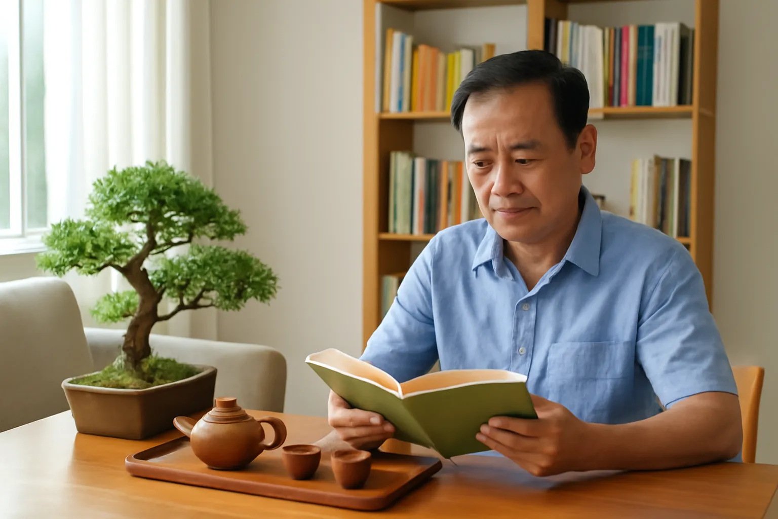 Người đàn ông Việt trung niên ngồi đọc sách bên bàn trà gỗ trong phòng khách