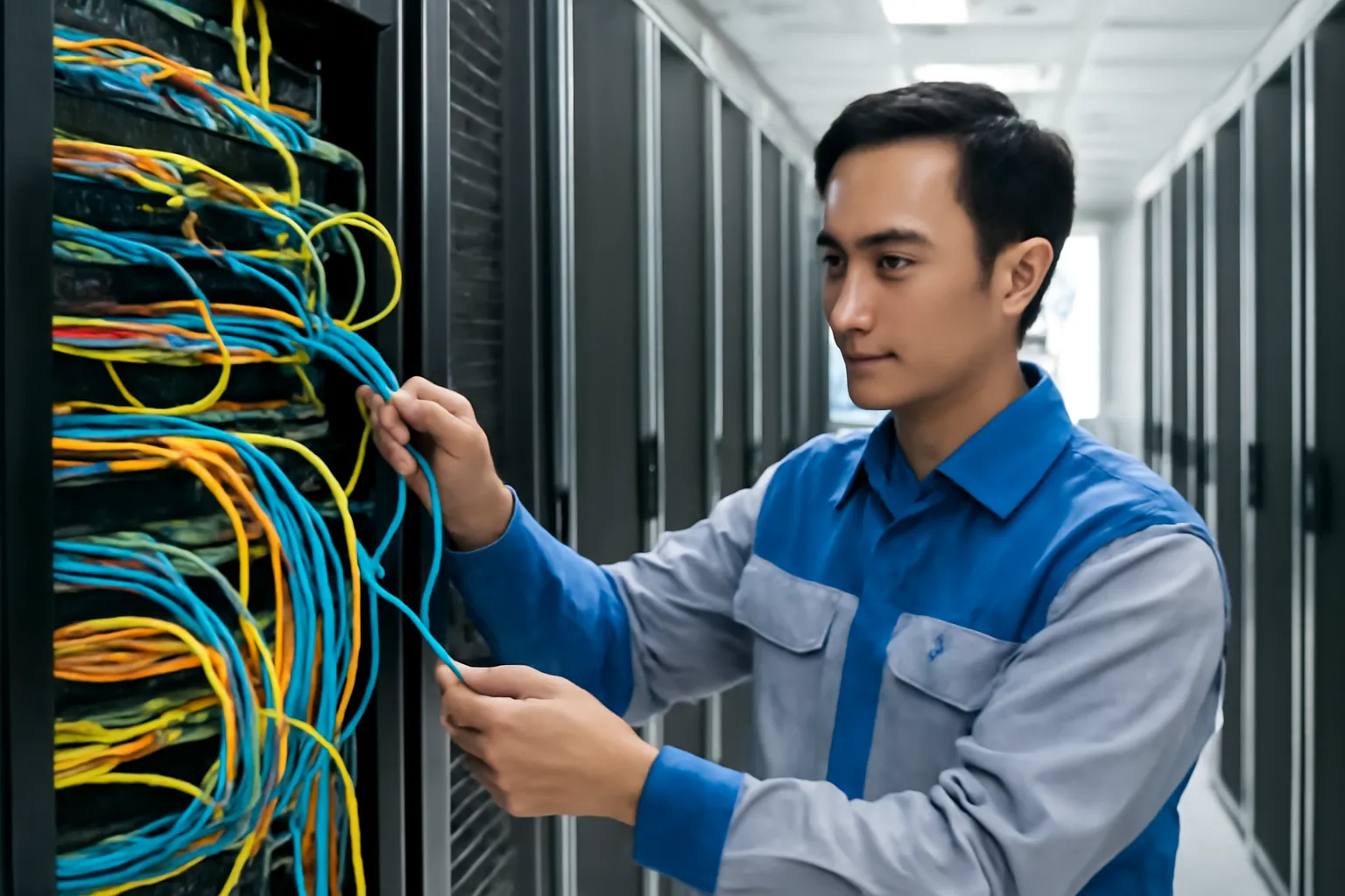 Kỹ thuật viên người Việt kiểm tra dây cáp giữa các tủ máy chủ