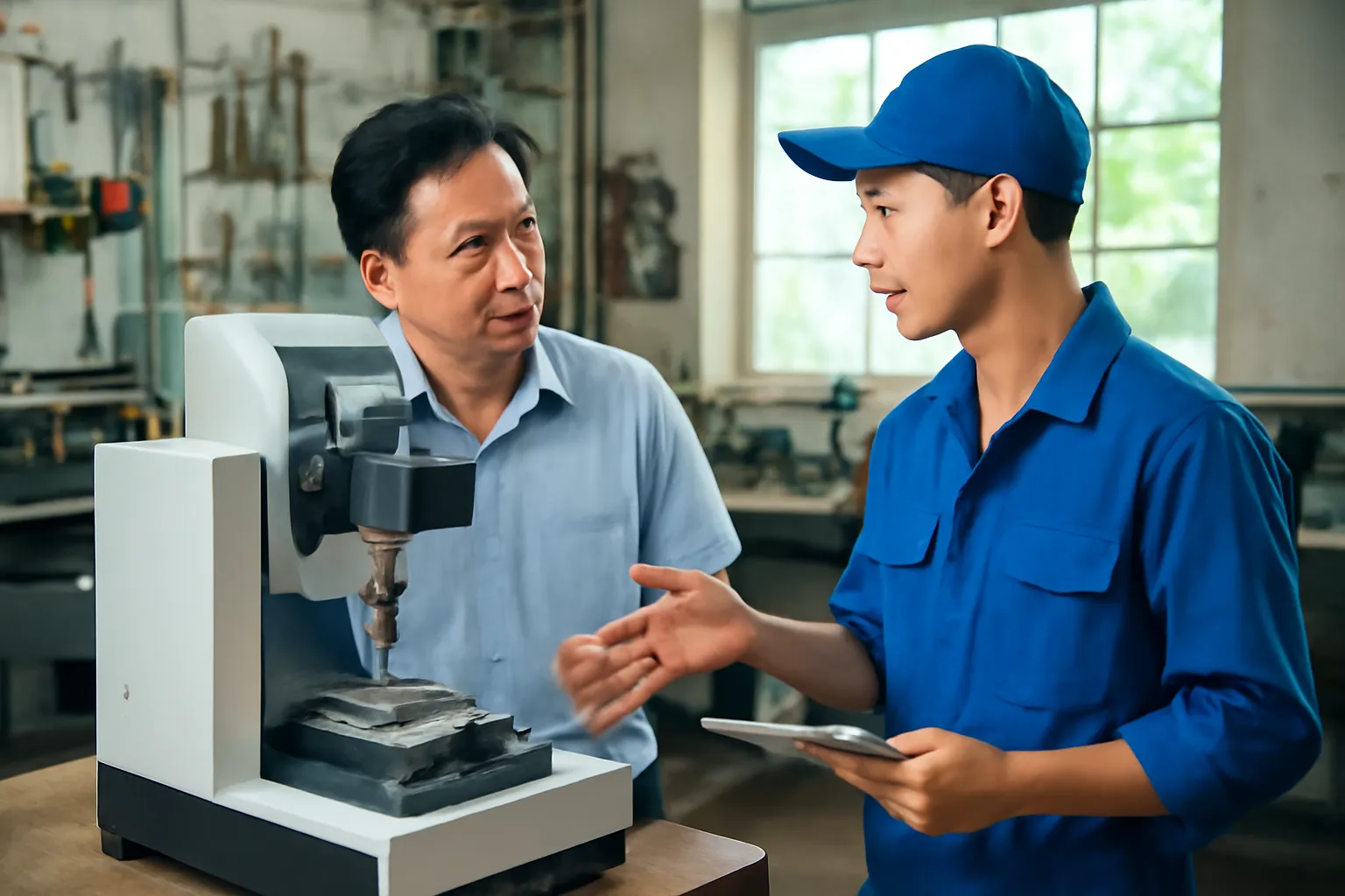 Chủ xưởng cơ khí nhỏ người Việt cùng thợ trẻ bên một máy gia công