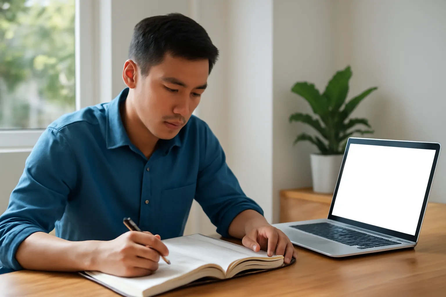 Một người Việt đang đối chiếu câu trả lời của chatbot với sách trên bàn làm việc