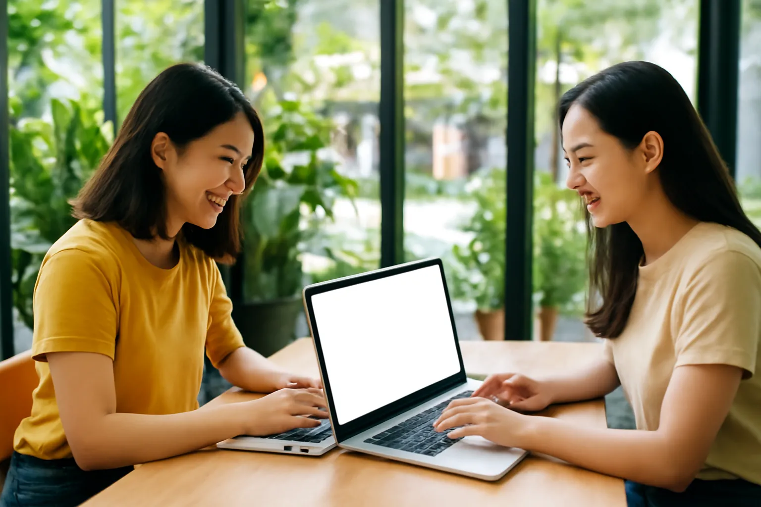 Hai người bạn người Việt ngồi làm việc ở quán cà phê có cửa kính lớn