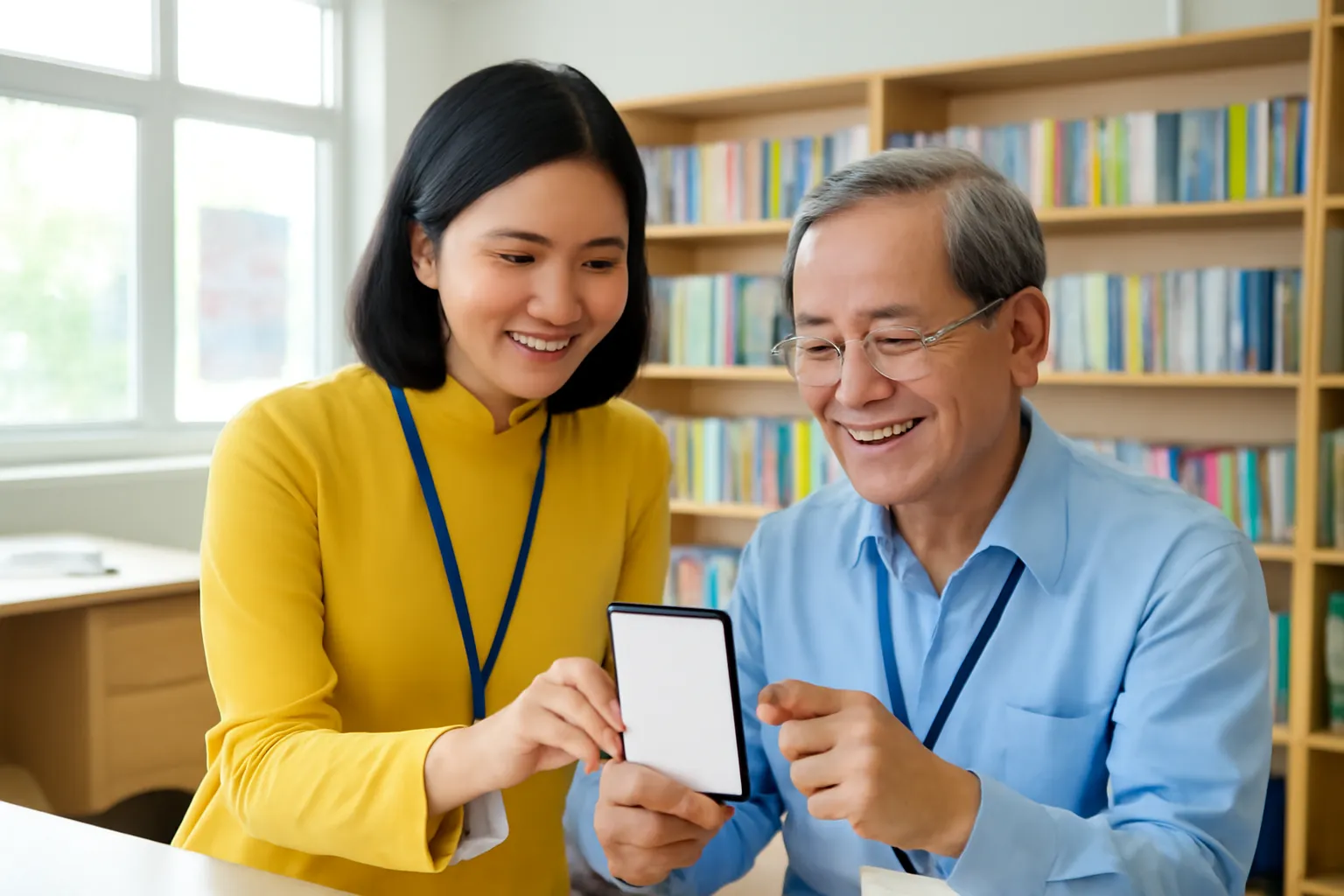 Cô giáo người Việt hướng dẫn đồng nghiệp lớn tuổi cài đặt trên điện thoại tại phòng giáo viên