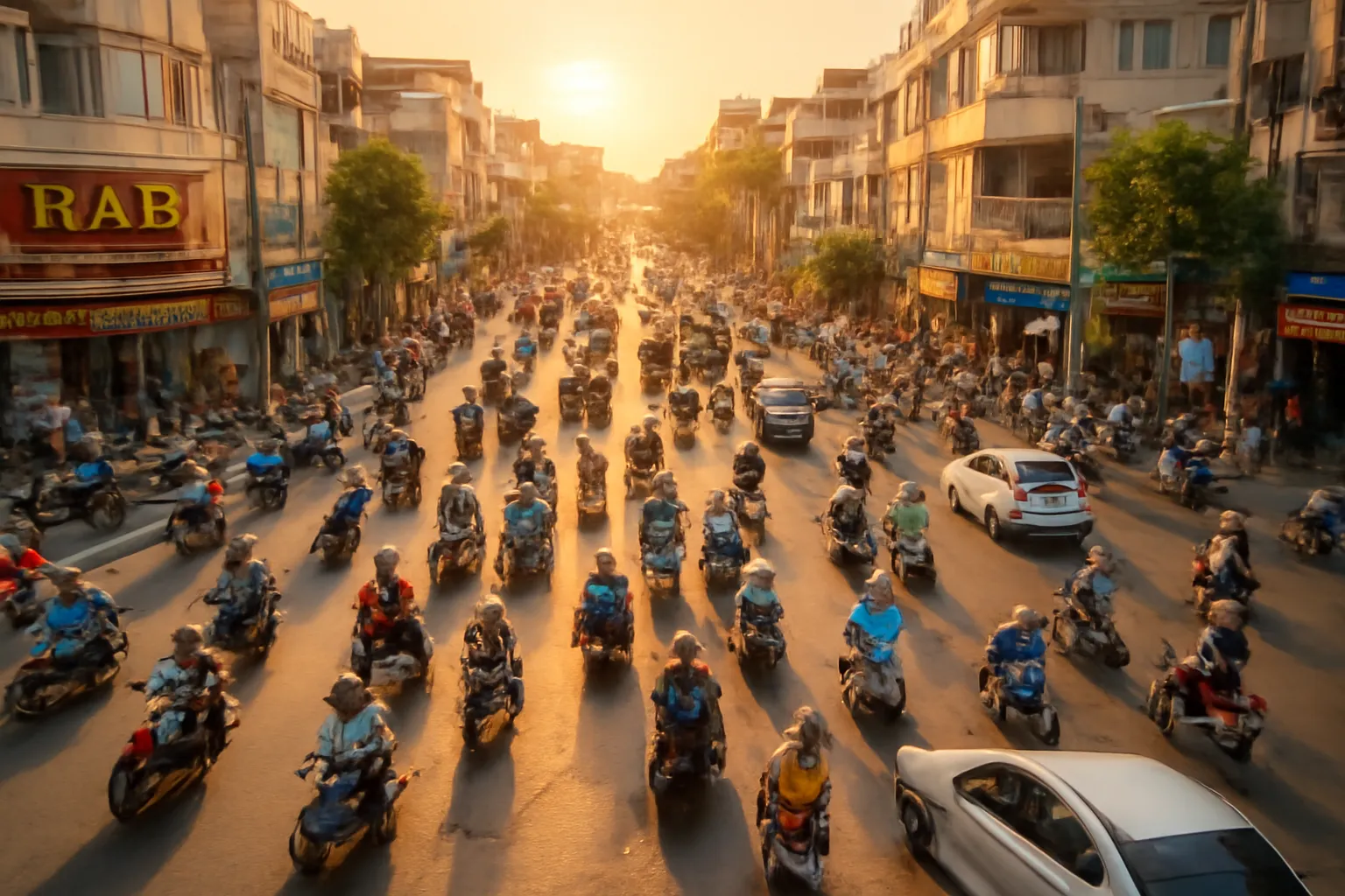 Ngã tư đông xe máy ở thành phố Việt Nam nhìn từ trên cao lúc chiều