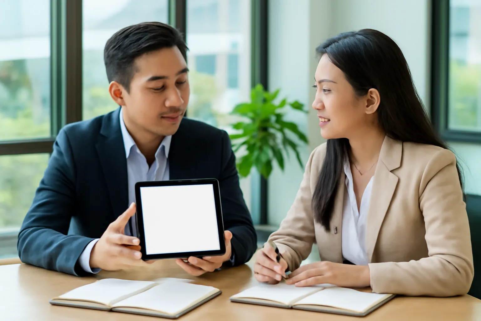 Hai người Việt trao đổi bên bàn họp với máy tính bảng màn hình trống